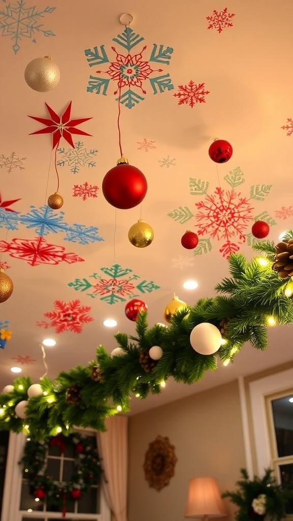 Christmas ceiling decorations with snowflakes, ornaments, and garland in a festive living room.